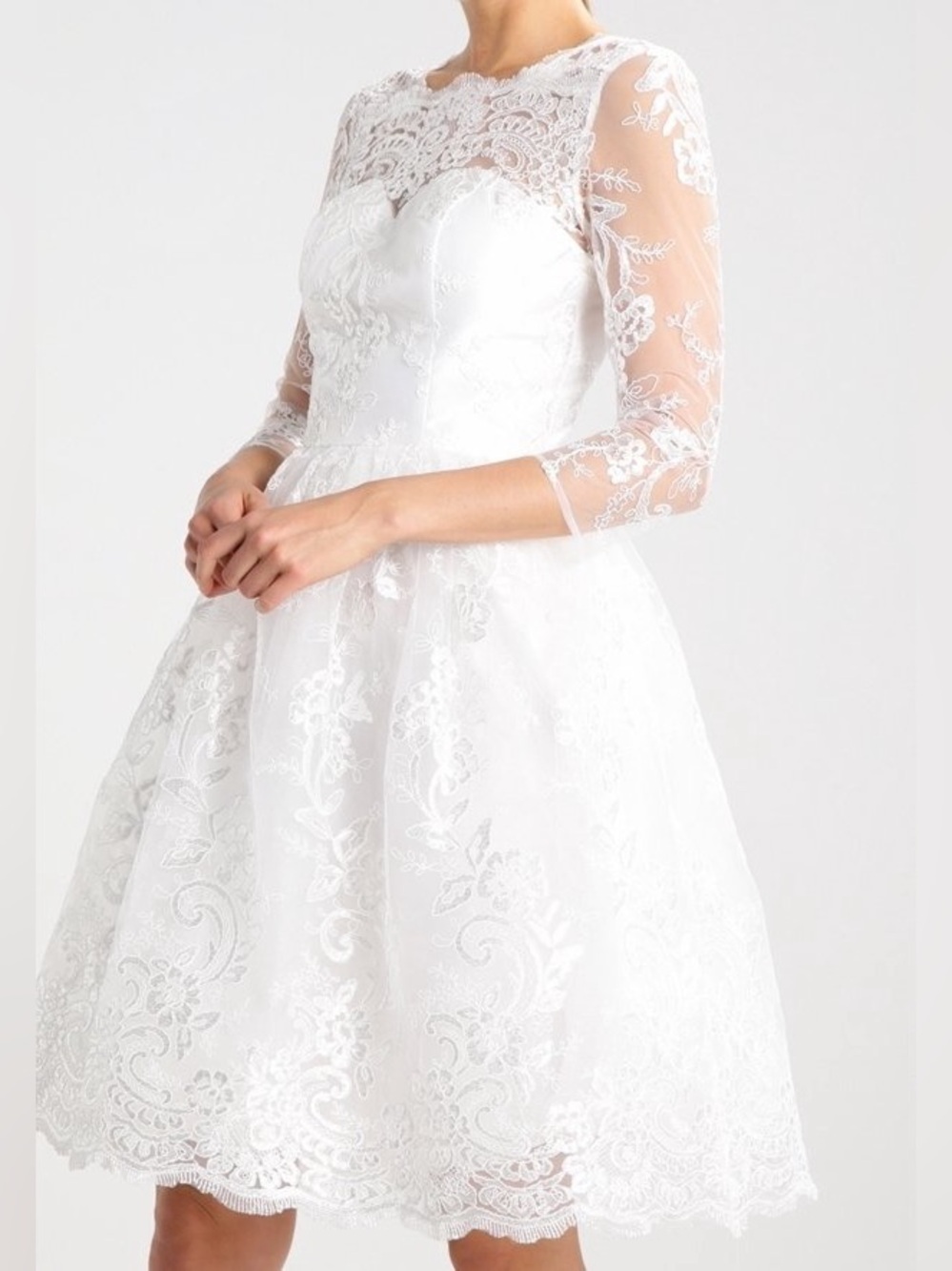 Bridal Sweetheart Neckline Woven Floral Embroidery Tea-Length Wedding Midi Dress - Picture 3 of 16